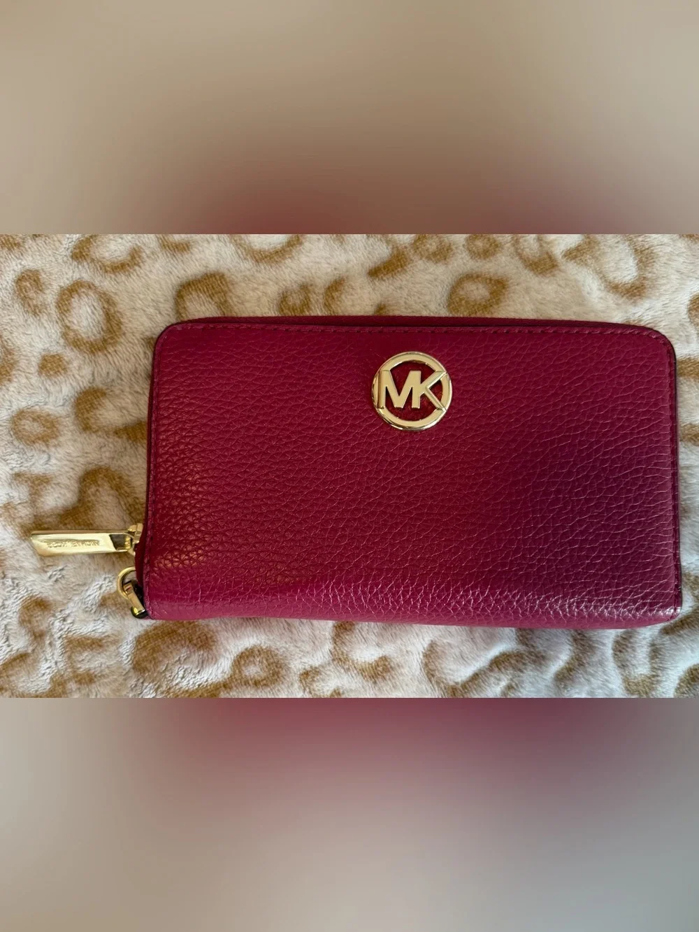 Michael Kors Leather Wallet Wristlet in Berry with Gold MK